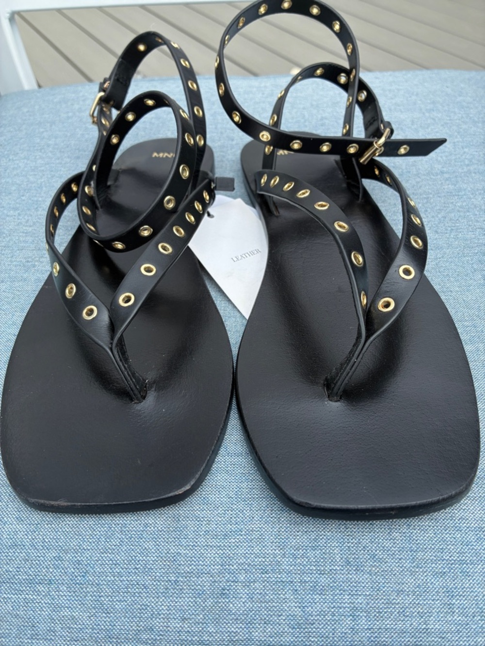 Mango Black Leather Ankle-Strap Sandals with Gold Eyelets